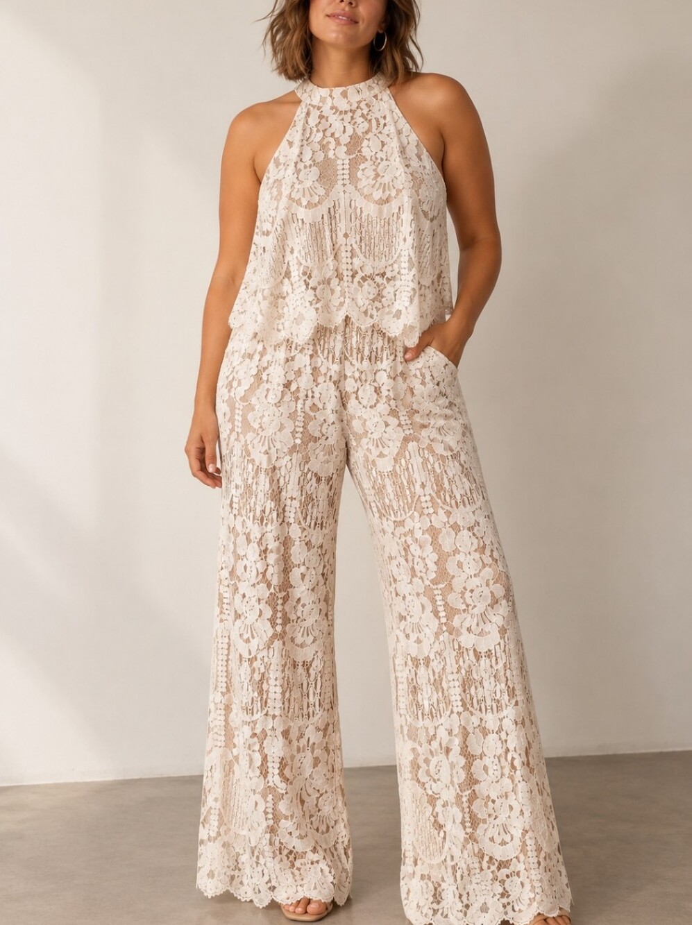 Ashley Stewart Lace Jumpsuit Size 20 Ivory Wide Leg Boho Romantic